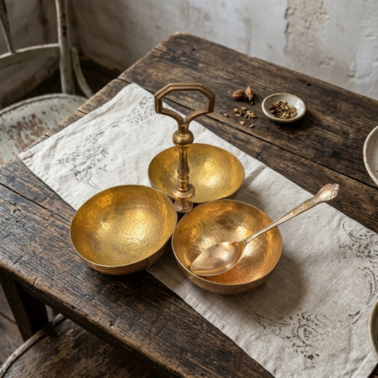 Antique Brass Triple-Bowl Condiment Server | Premium Tabletop Serving Caddy | Made in 1976 - Bombay Antiques