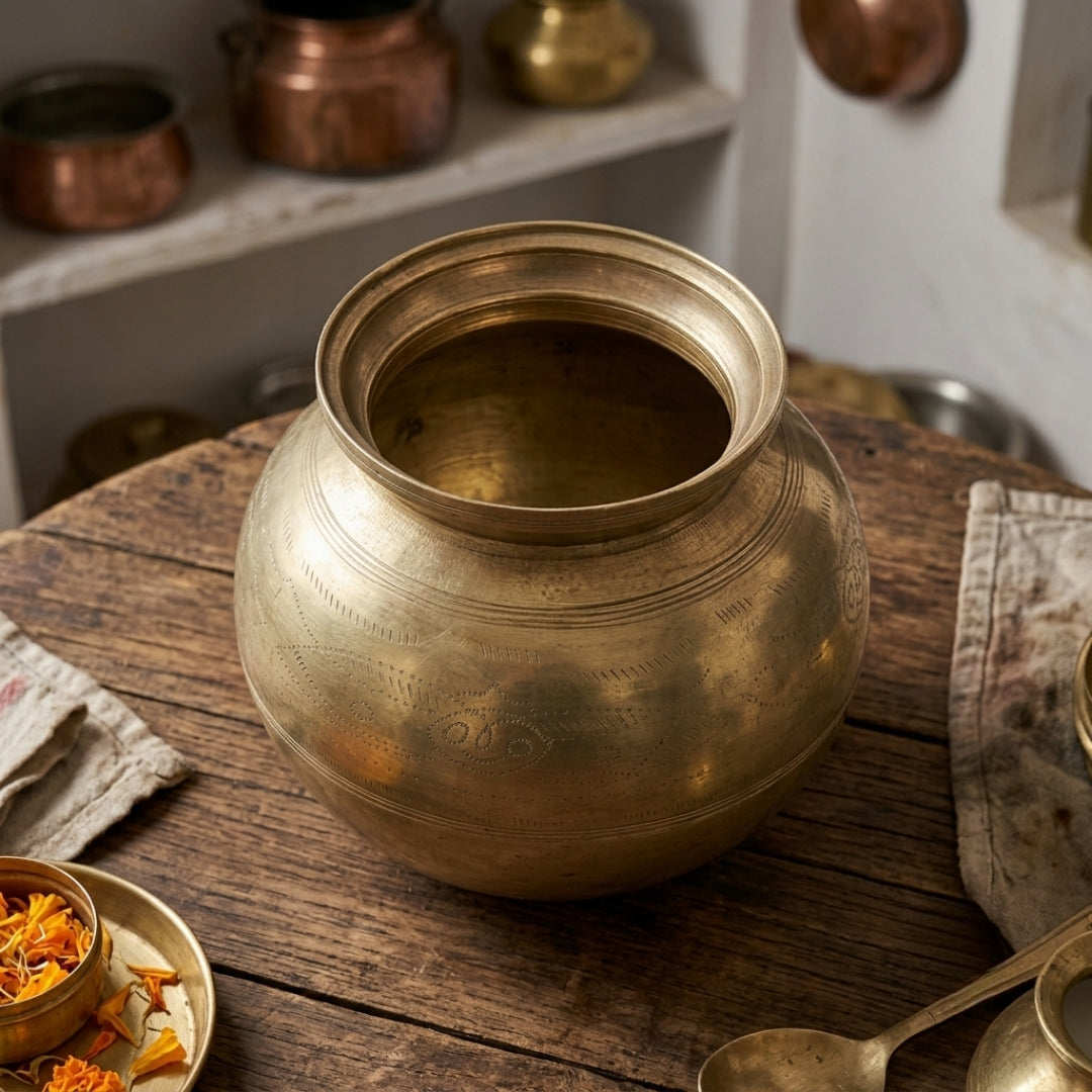 Antique Brass Hand-Etched Pot | Traditional Water and Storage Vessel | Made in 1975