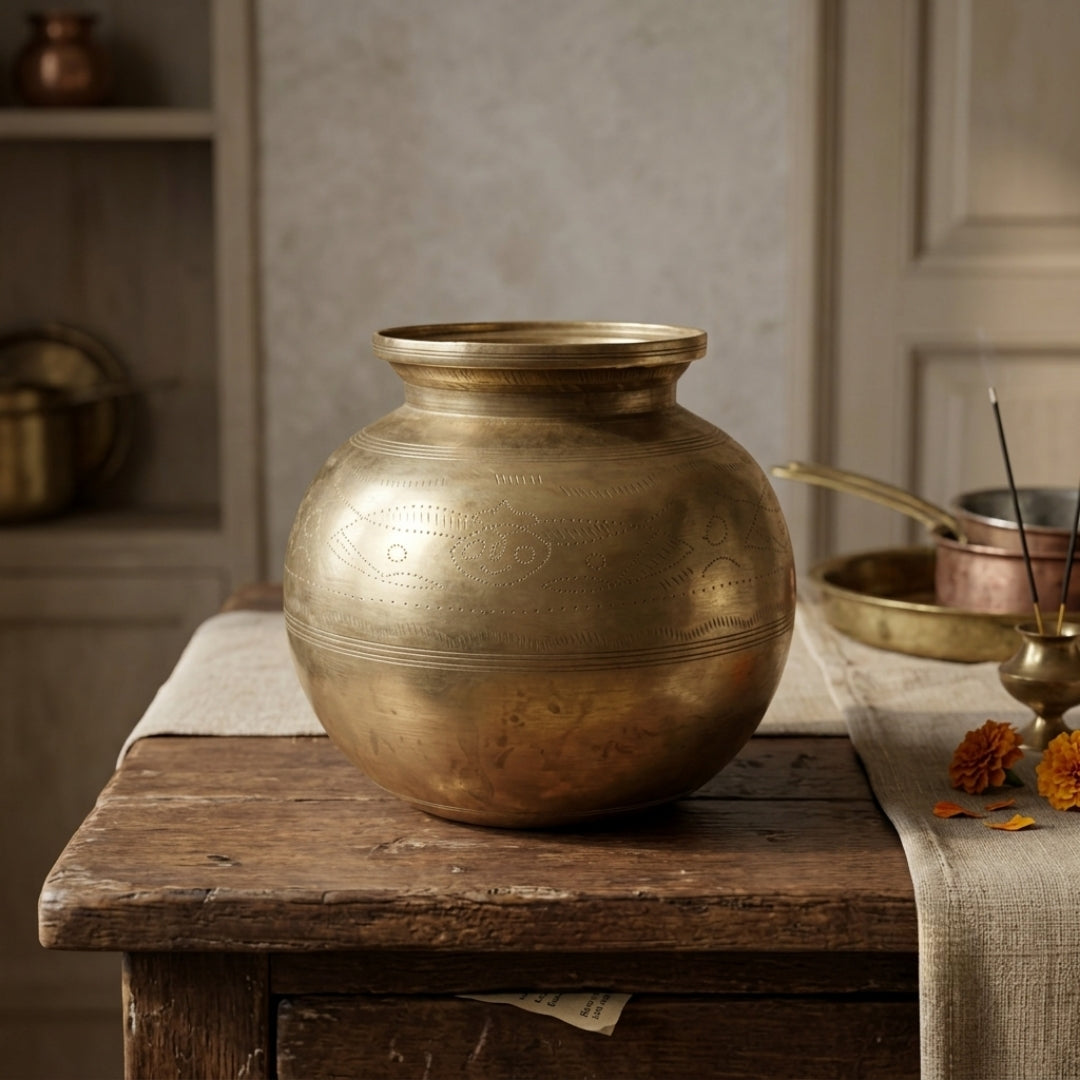 Antique Brass Hand-Etched Pot | Traditional Water and Storage Vessel | Made in 1975