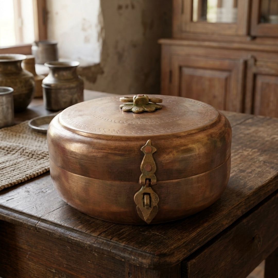 Antique Brass Hand Engraved Chappati Box with Lock | Premium Storage Vessel Set | Made in 1973