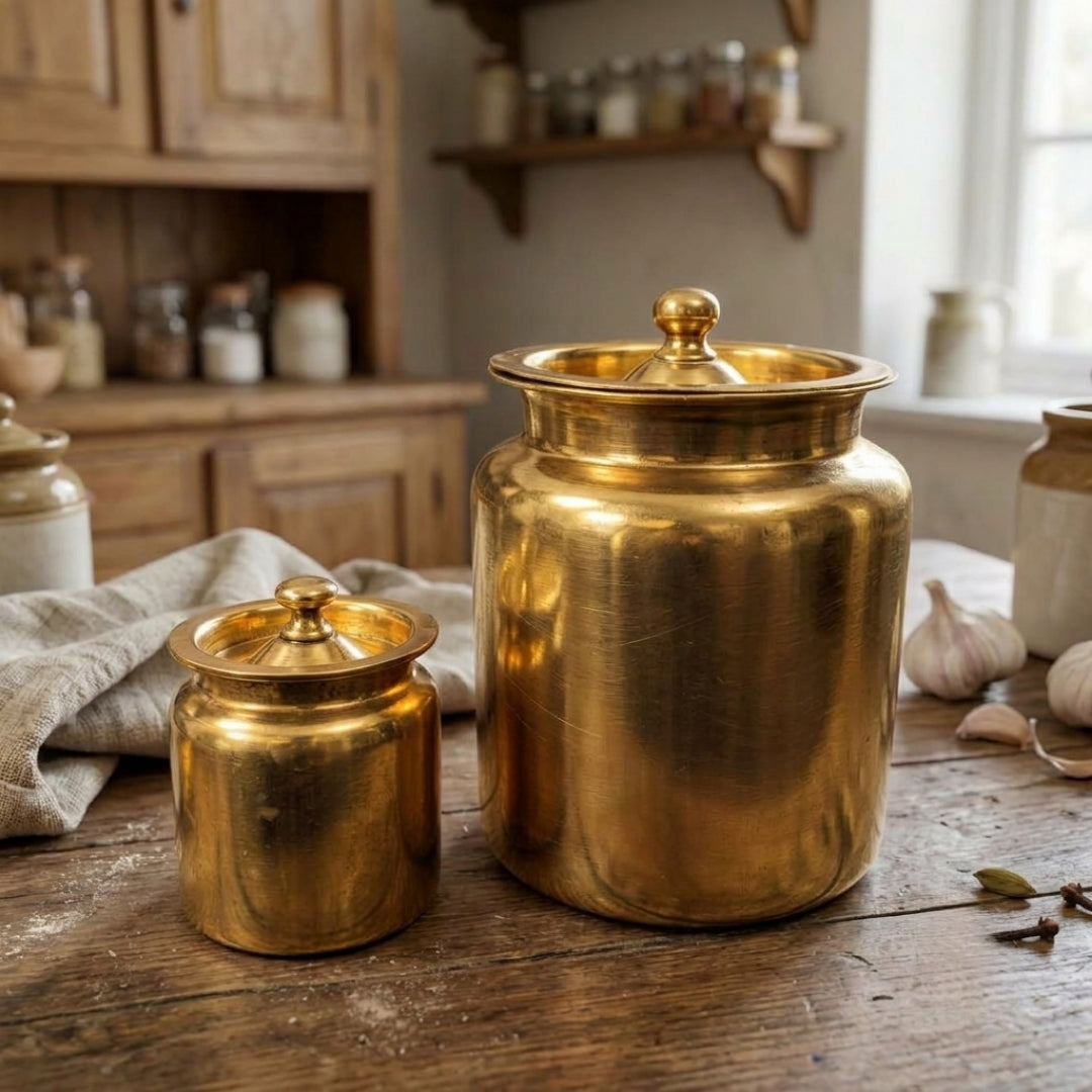 Antique Brass Canister Set in Pair | Traditional Lidded Storage Jars | Made in 1979