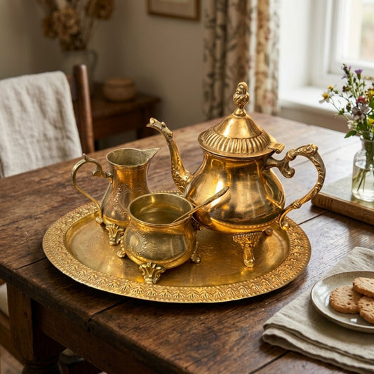 Antique Brass Tea Set with Serving Tray | Traditional Lidded Teapot, Creamer, Sugar Bowl, and Platter | Made in 1978 - Bombay Antiques