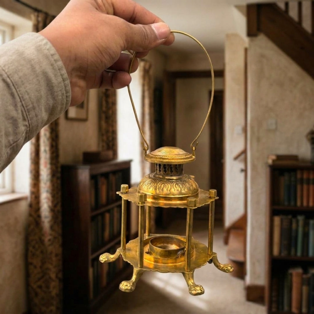 Antique Brass Lantern with Handle | Traditional Pillar-Supported Candle Lantern | Made in 1971