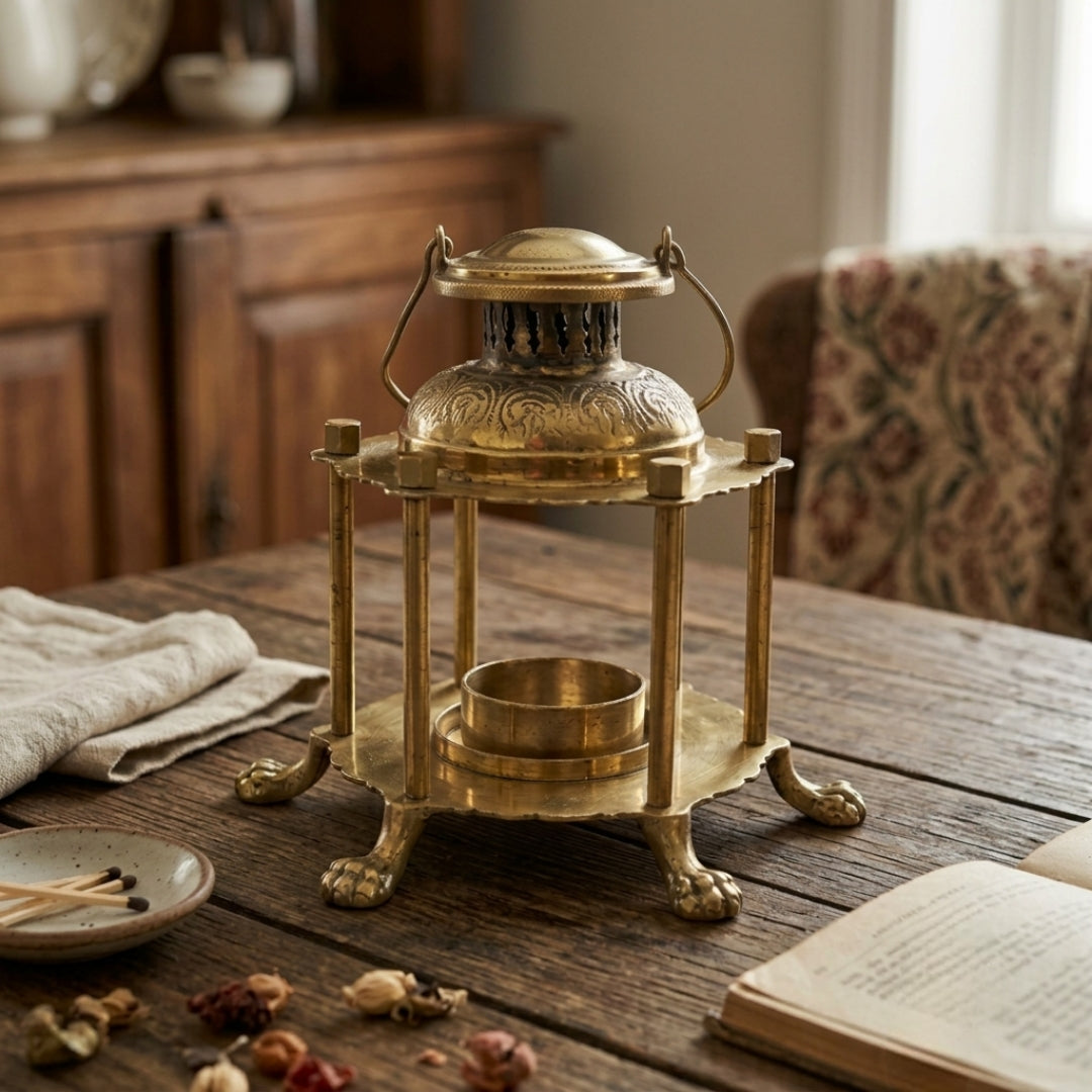 Antique Brass Lantern with Handle | Traditional Pillar-Supported Candle Lantern | Made in 1971