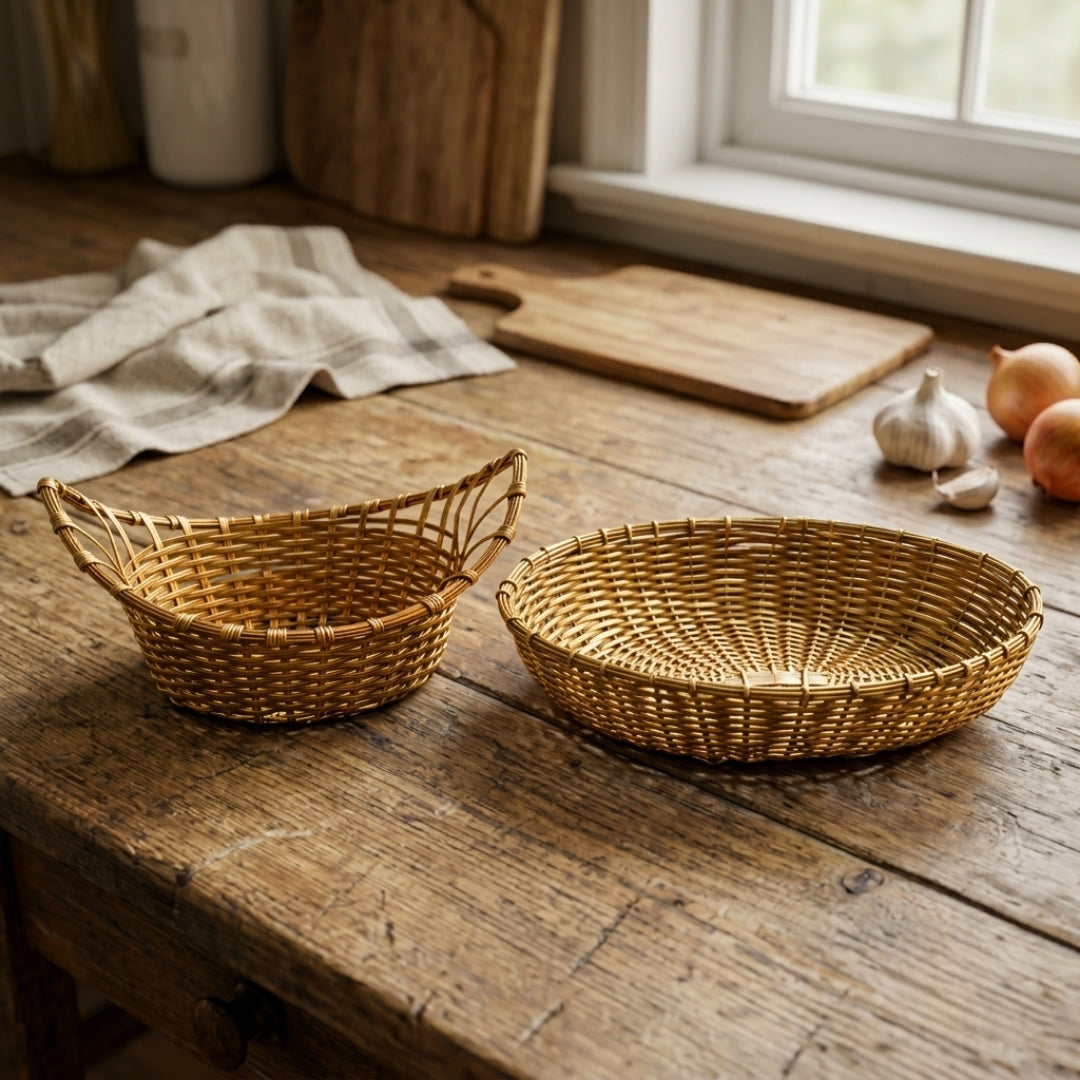 Antique Brass Woven Basket Set | Traditional Wicker-Style Decorative Fruit and Serving Platters | Made in 1855