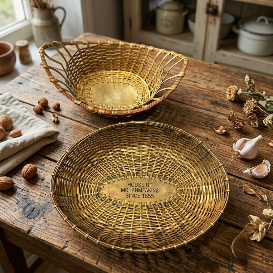 Antique Brass Woven Basket Set | Traditional Wicker-Style Decorative Fruit and Serving Platters | Made in 1855