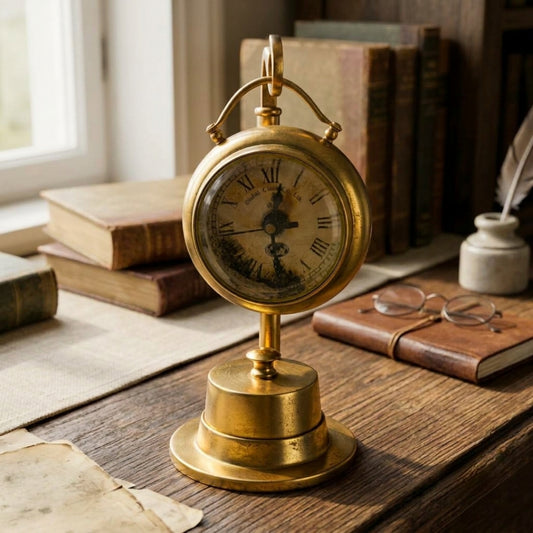 Antique Brass Hanging Decor Clock | Traditional Pocket-Watch Style Desk Timepiece | Made in 1971 - Bombay Antiques
