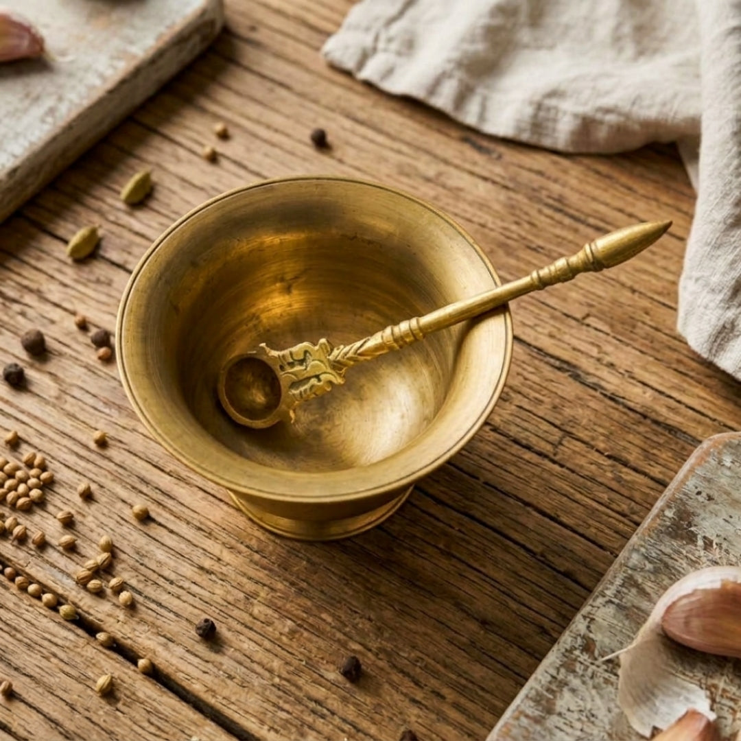 Antique Brass Bowl and Spoon Set | Traditional Culinary Bowl with Serving Spoon | Made in 1974