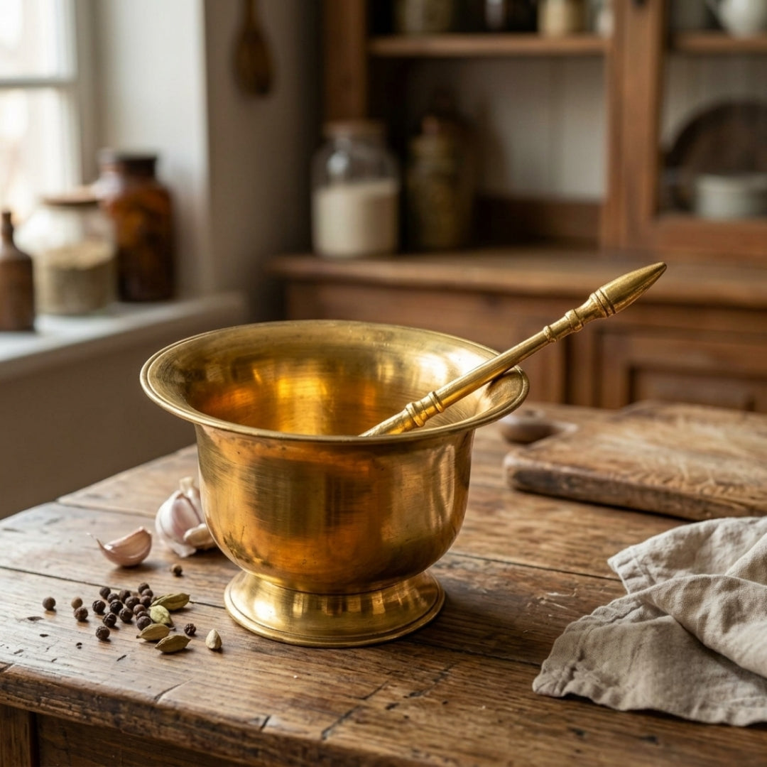 Antique Brass Bowl and Spoon Set | Traditional Culinary Bowl with Serving Spoon | Made in 1974