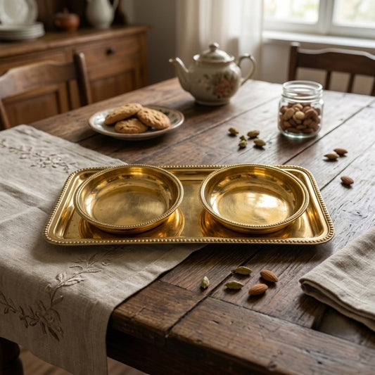 Antique Brass Tray and Small Plates Set | Traditional Beaded-Rim Serving Platter and Bowls | Made in 1973 - Bombay Antiques