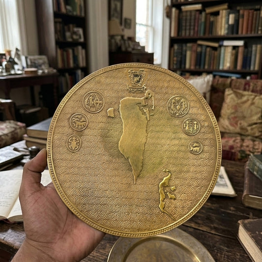 Antique Brass Decorative Plate Pair | Traditional Map and Heritage Etched Display Platter Set | Made in 1971 - Bombay Antiques