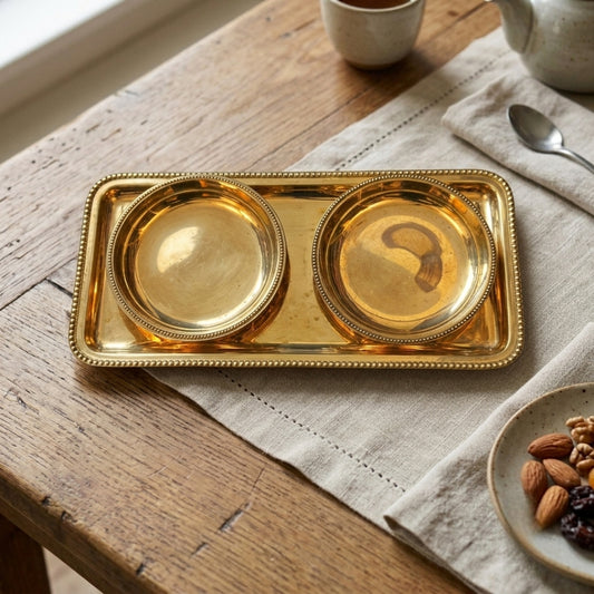 Antique Brass Tray and Small Plates Set | Traditional Beaded-Rim Serving Platter and Bowls | Made in 1973 - Bombay Antiques