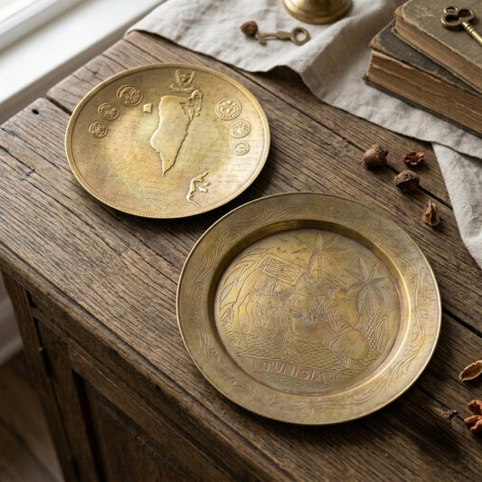 Antique Brass Decorative Plate Pair | Traditional Map and Heritage Etched Display Platter Set | Made in 1971 - Bombay Antiques