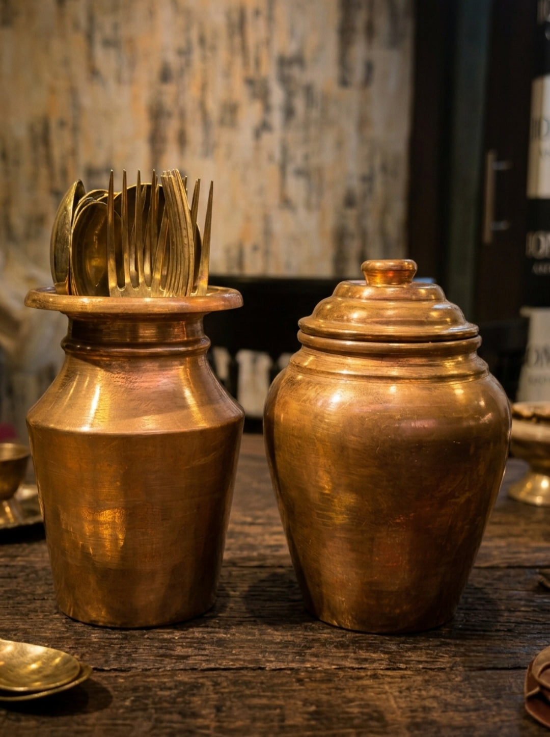 Antique Copper Container Set with Cutlery | Traditional Storage Jar with 6 Spoons and 6 Forks | Made in 1971