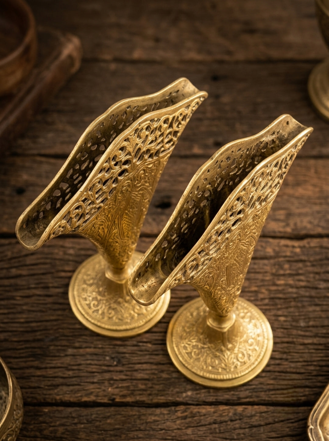 Antique Brass Tissue Holder Set in Pair | Traditional Filigree-Embossed Napkin Stands | Made in 1974