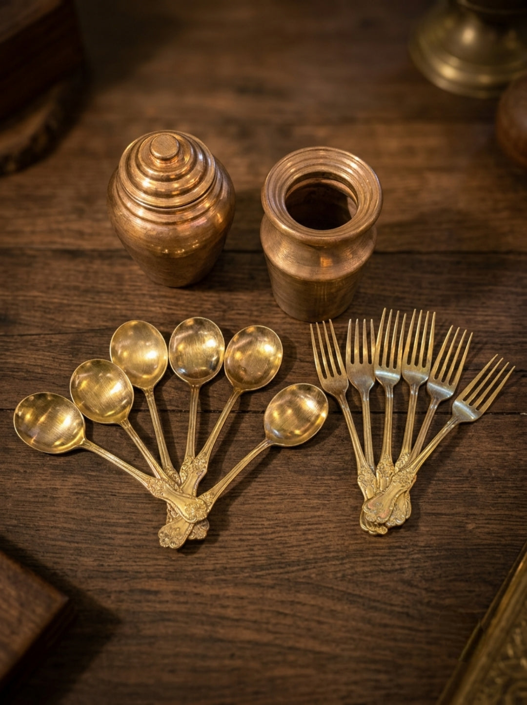 Antique Copper Container Set with Cutlery | Traditional Storage Jar with 6 Spoons and 6 Forks | Made in 1971