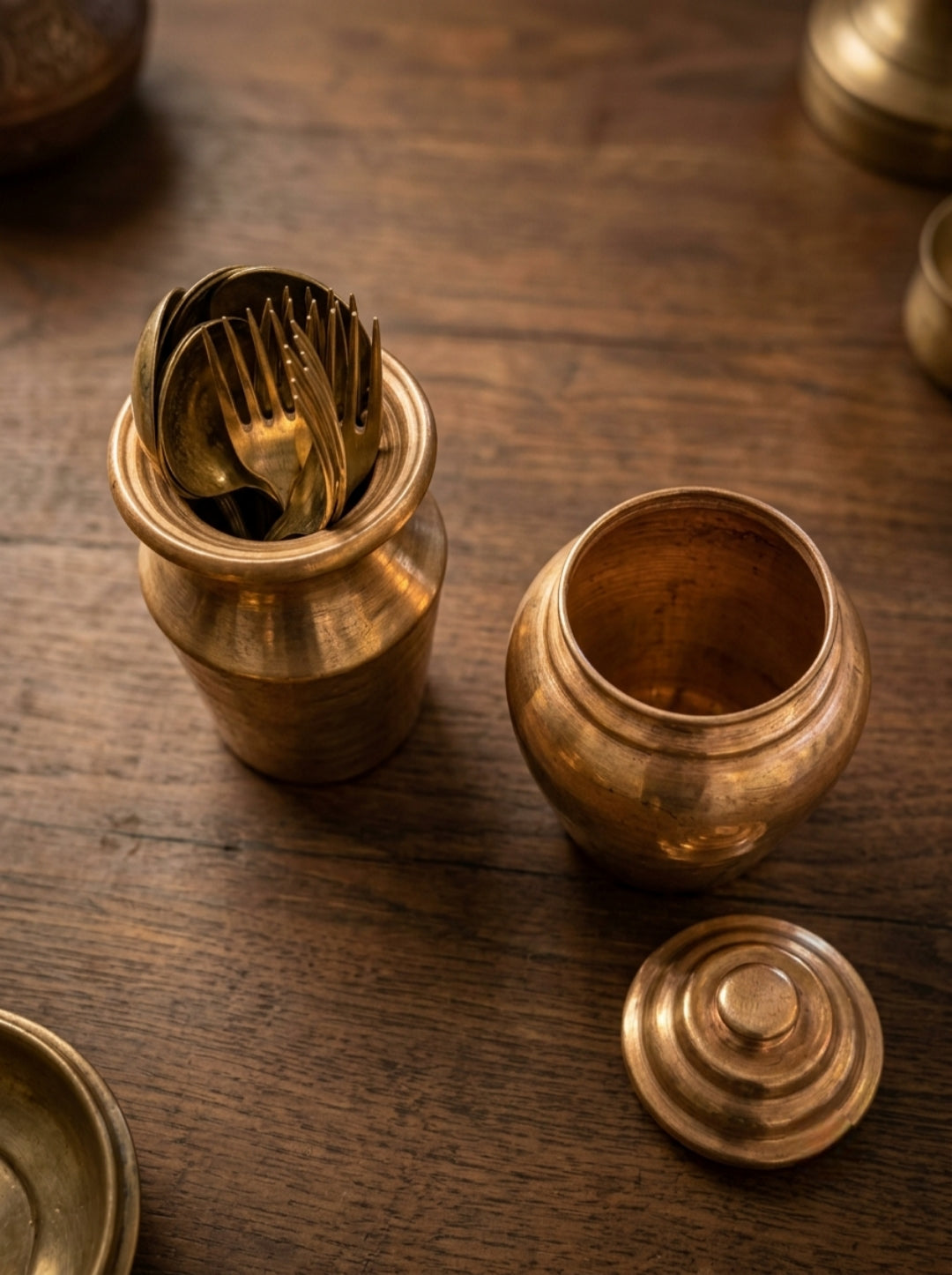 Antique Copper Container Set with Cutlery | Traditional Storage Jar with 6 Spoons and 6 Forks | Made in 1971