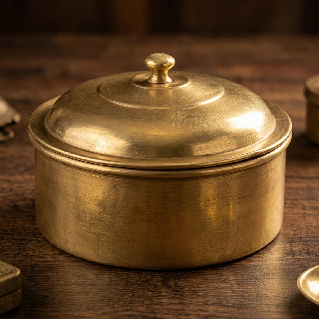 Antique Brass Chapati Box | Traditional Lidded Storage Container | Made in 1971