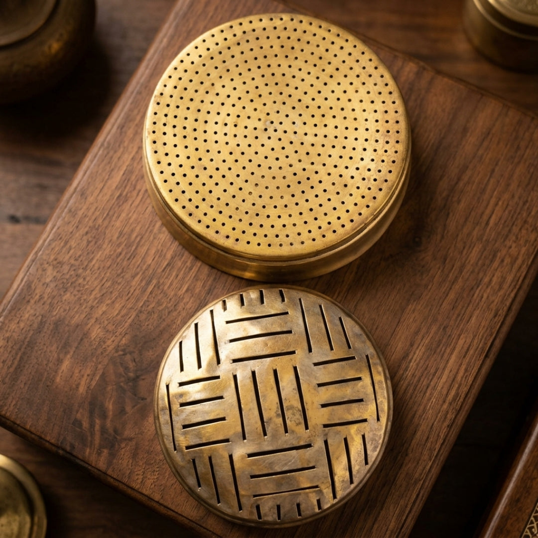 Antique Brass Channi Set in Pair | Traditional Perforated Sifter and Strainer Platters | Made in 1979