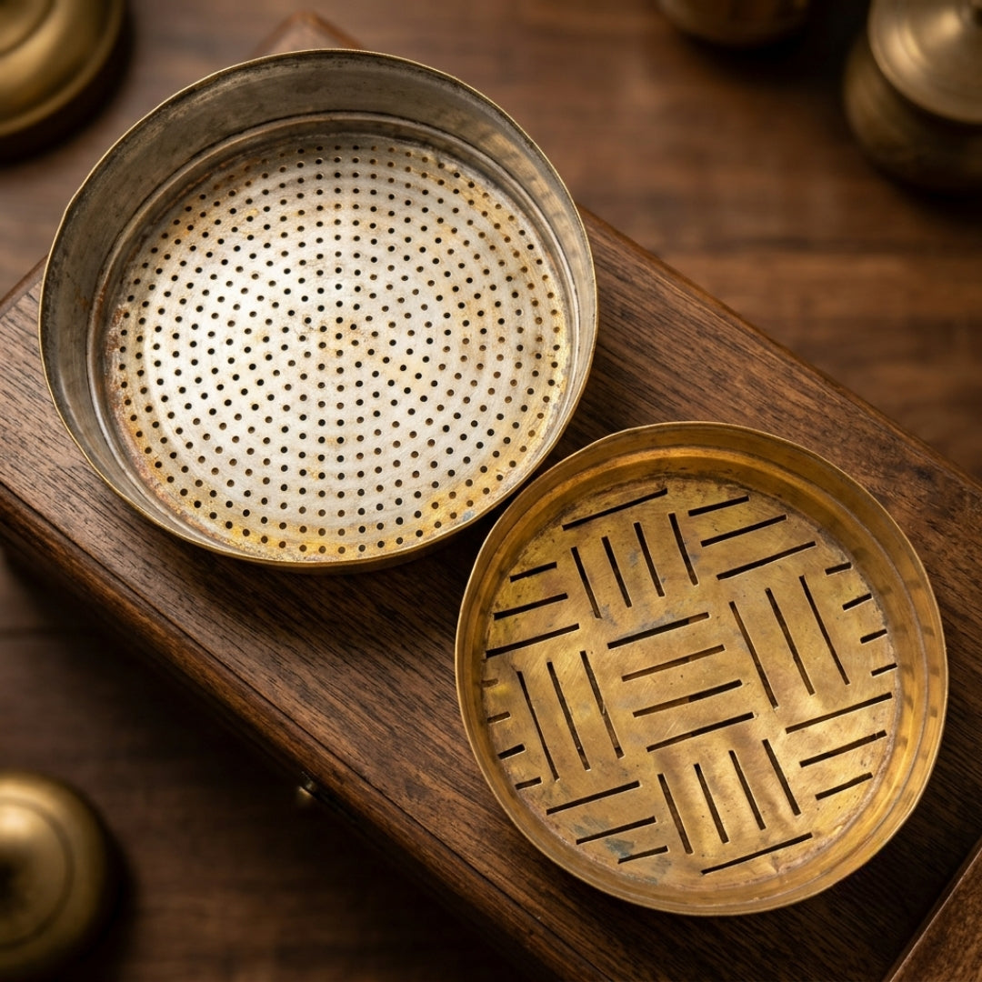 Antique Brass Channi Set in Pair | Traditional Perforated Sifter and Strainer Platters | Made in 1979
