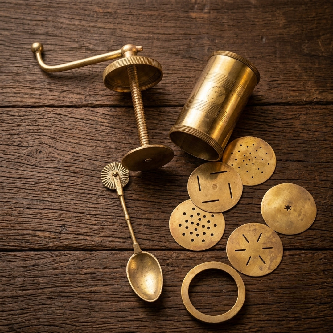 Antique Brass Chakli Maker Set | Traditional Rotary Snack Press with Discs and Ladle | Made in 1981