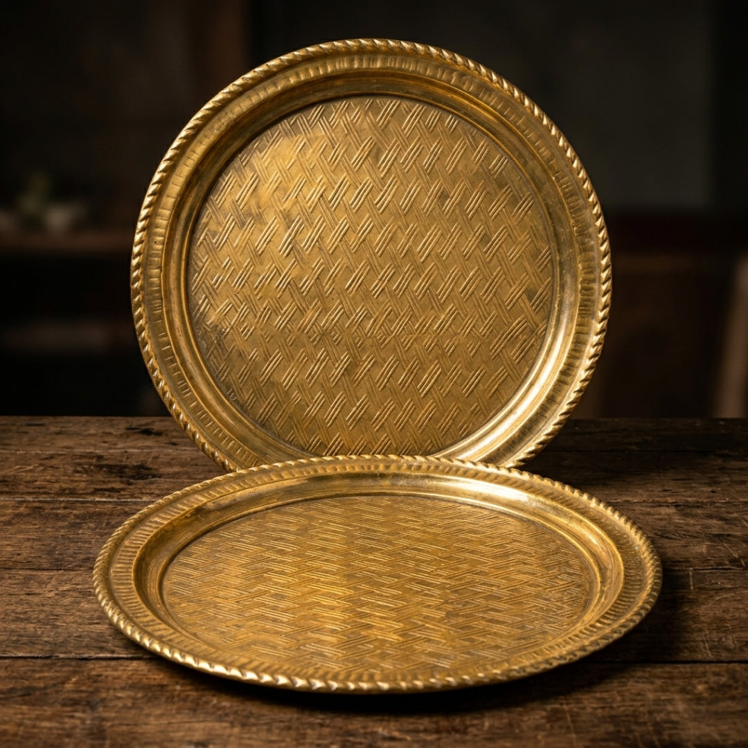 Antique Brass Decorative Plate Set in Pair | Traditional Woven-Texture Serving Platters | Made in 1971