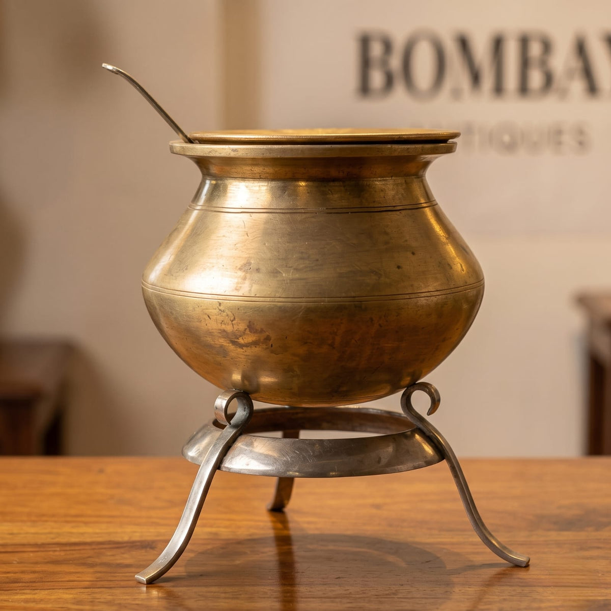 Antique Brass Cooking Pot Set with Stand and Spoon | Traditional Lidded Culinary Pot on Tripod Stand | Made in 1978