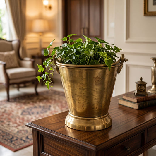 Antique Brass Bucket | Traditional Pedestal Planter and Storage Vessel | Made in 1979