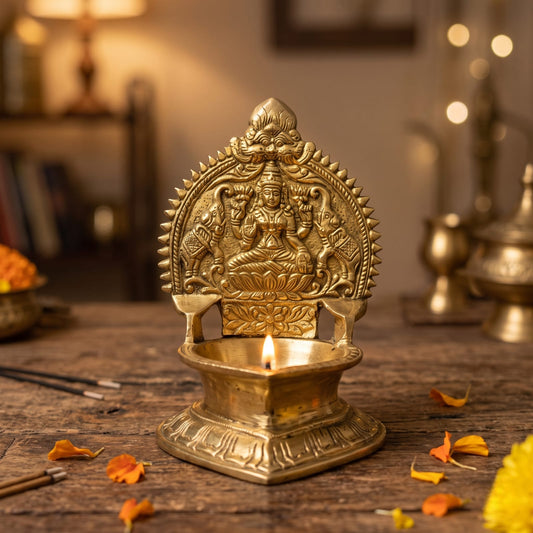 Antique Brass Diya | Traditional Goddess-Embossed Oil Lamp with Prabhaval | Made in 1980