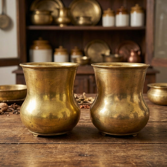 Antique Brass Glass Set in Pair | Traditional Bulbous Drinking Vessels | Made in 1974