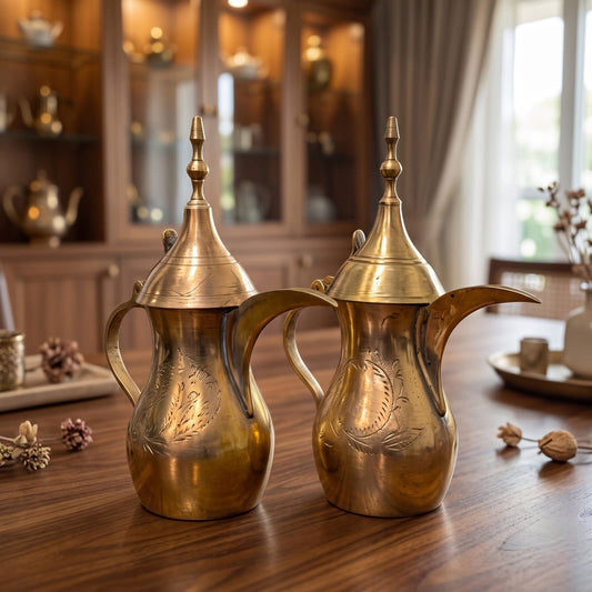 Antique Brass Engraved Jug Set in Pair | Traditional Dallah Coffee Pots with Hinged Lids | Made in 1970