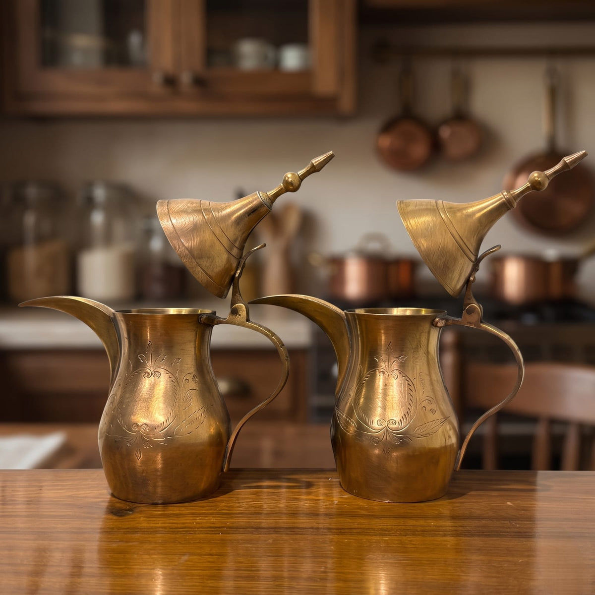 Antique Brass Engraved Jug Set in Pair | Traditional Dallah Coffee Pots with Hinged Lids | Made in 1970