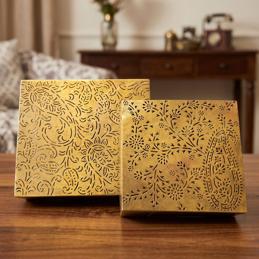 Antique Brass Rangoli Maker Set in Pair | Traditional Pierced Floral and Paisley Stencils | Made in 1970