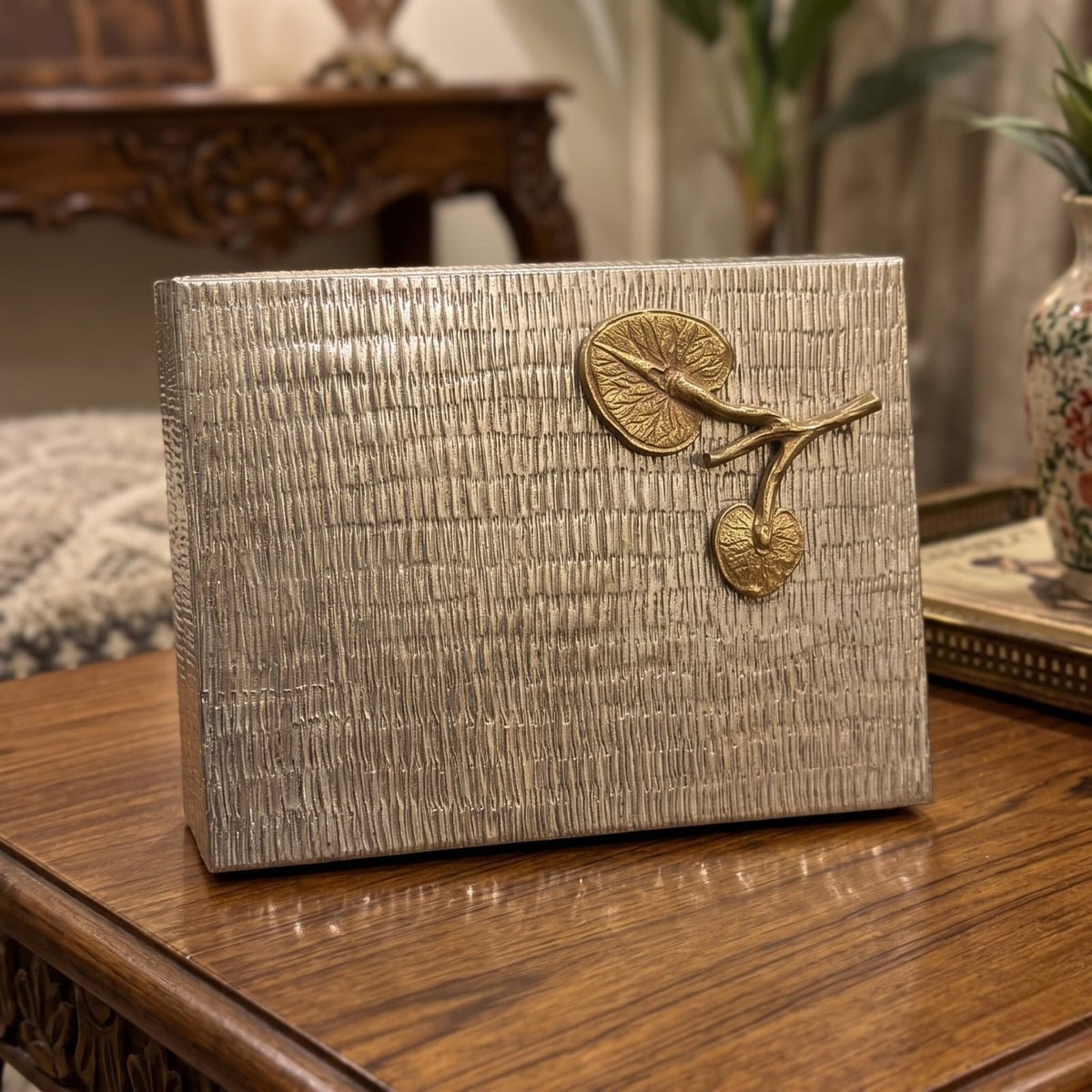 Antique Brass Dabba | Traditional Textured Storage Box with Leaf Accent | Made in 1978