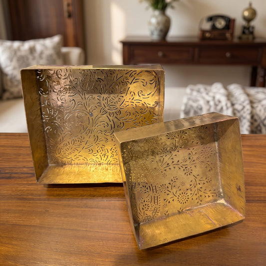 Antique Brass Rangoli Maker Set in Pair | Traditional Pierced Floral and Paisley Stencils | Made in 1970 - Bombay Antiques