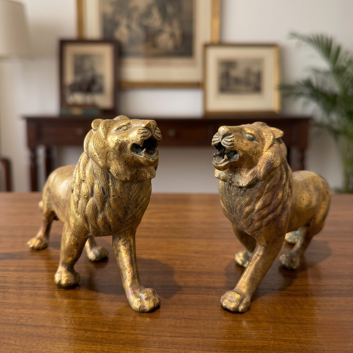 Antique Brass Lion Set in Pair | Traditional Stridant Figurine Sculptures | Made in 1970