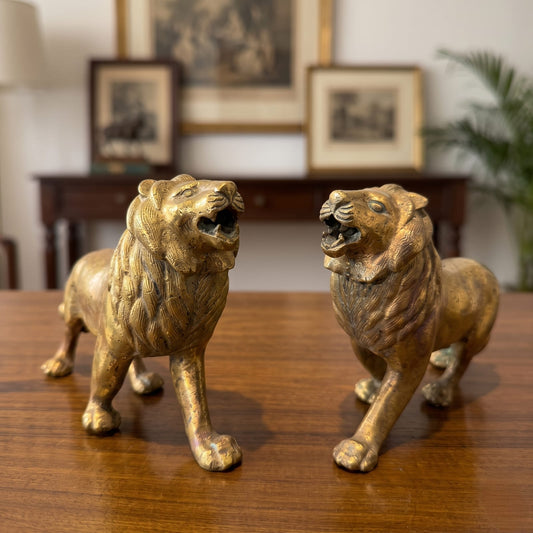 Antique Brass Lion Set in Pair | Traditional Stridant Figurine Sculptures | Made in 1970