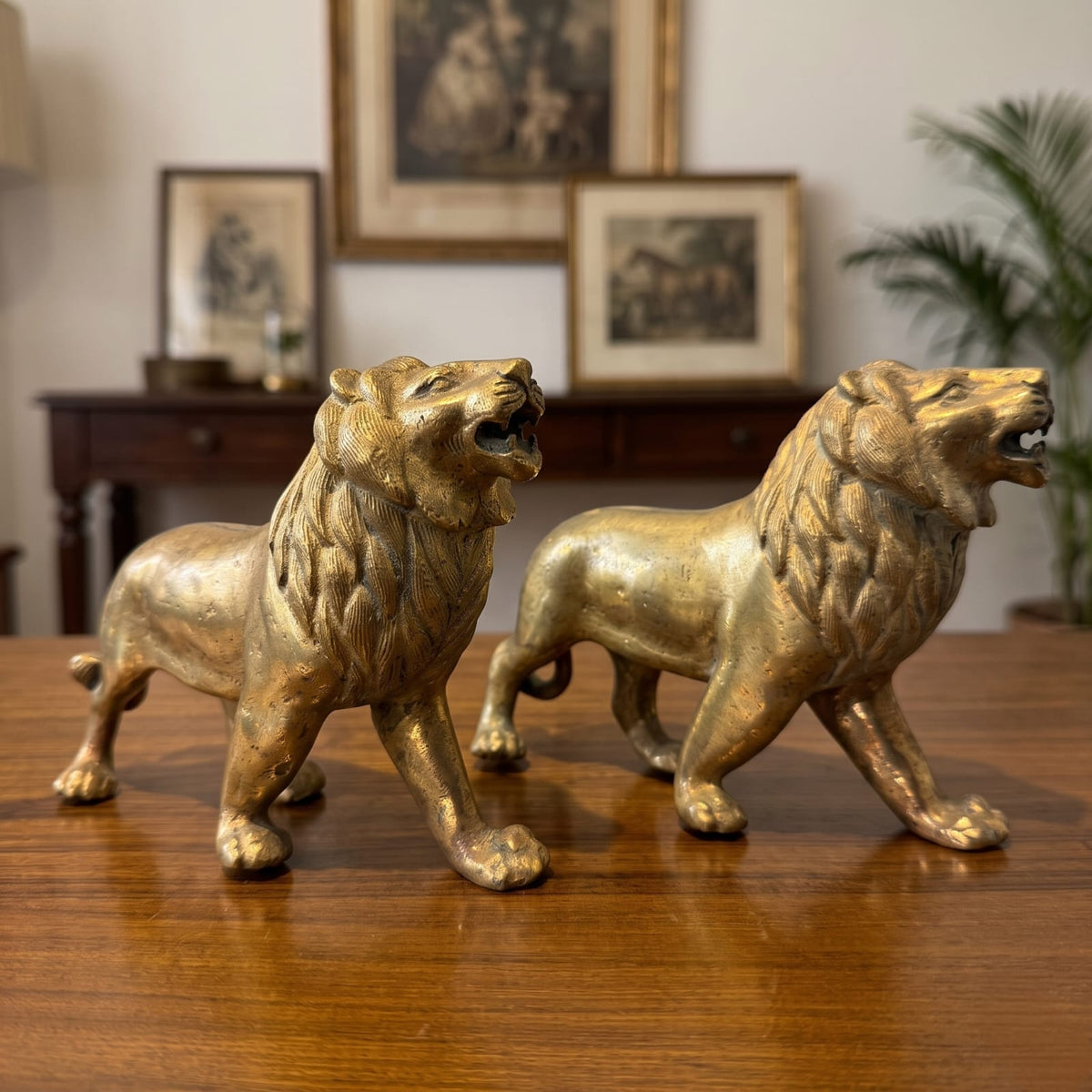 Antique Brass Lion Set in Pair | Traditional Stridant Figurine Sculptures | Made in 1970