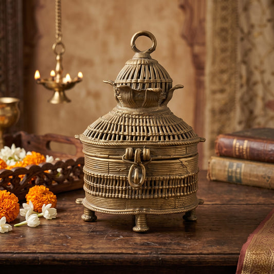 Antique Brass Decor Box | Traditional Lidded Storage Casket with Pierced Rattan Detailing | Made in 1970