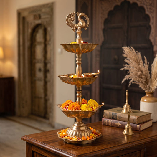 Antique Brass Tiered Diya | Traditional Multi-Level Oil Lamp with Peacock Finial | Made in 1989