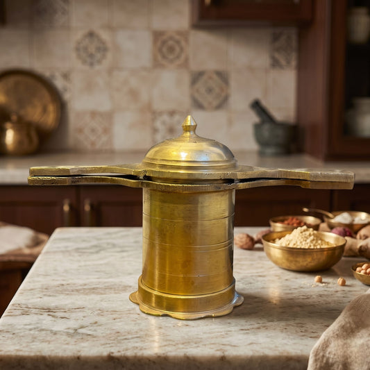 Antique Brass Lemon Crusher and Semai-Noodles Maker | Traditional Hand-Operated Kitchen Press with Dual Handles and Lid | Made in 1981