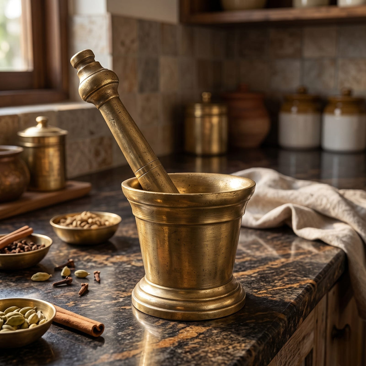 Antique Brass Khalbatta | Traditional Mortar and Pestle Grinding Set | Made in 1979
