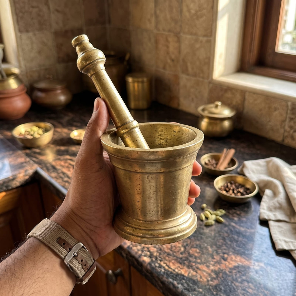 Antique Brass Khalbatta | Traditional Mortar and Pestle Grinding Set | Made in 1979