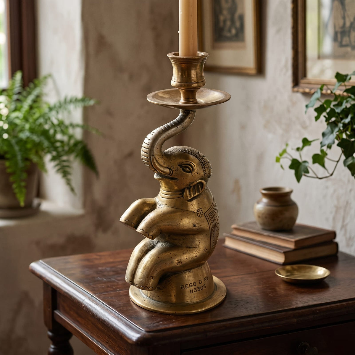 Antique Brass Engraved Elephant Candle Holder | Traditional Seated Figurine Taper Holder | Made in 1972