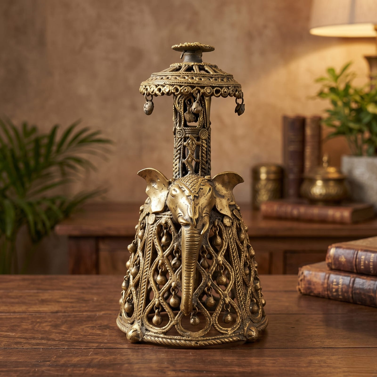 Antique Brass Elephant Decor | Traditional Pierced Decorative Bell with Handle and Canopy | Made in 1968