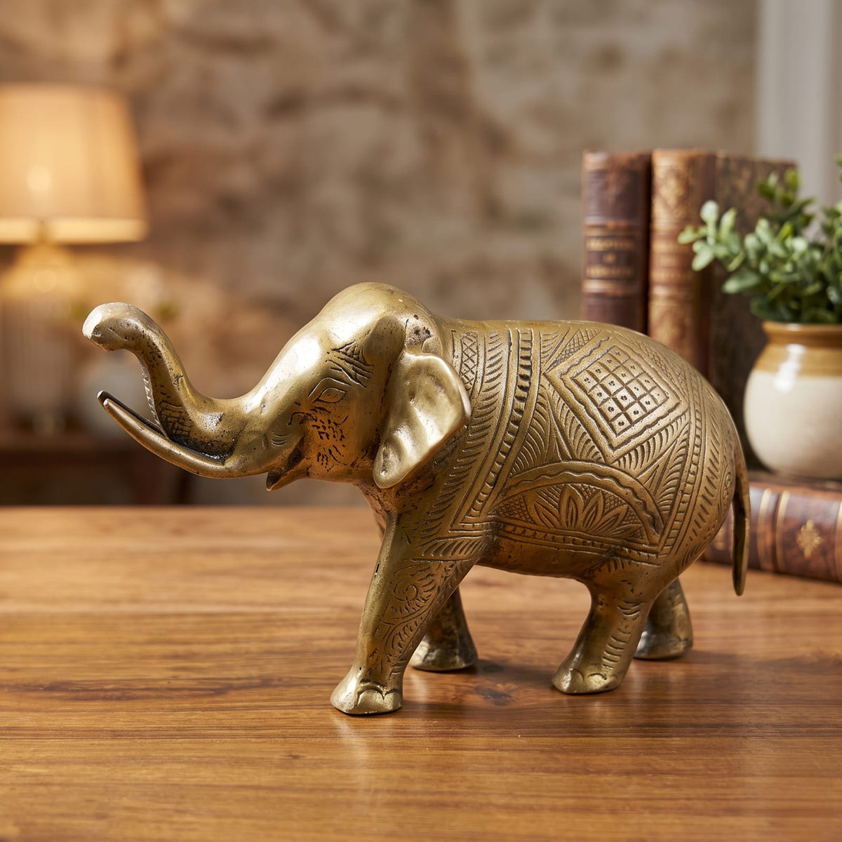 Antique Brass Engraved Elephant | Traditional Ornate Figurine Sculpture | Made in 1972