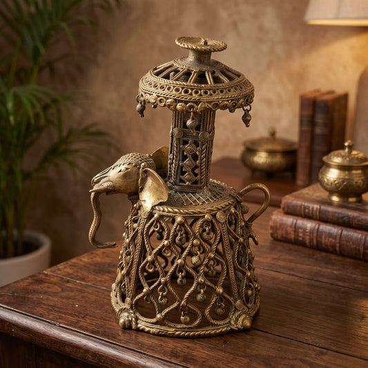 Antique Brass Elephant Decor | Traditional Pierced Decorative Bell with Handle and Canopy | Made in 1968