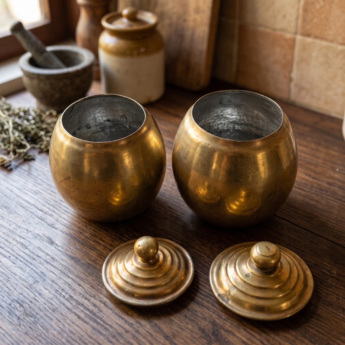 Antique Brass Container Set in Pair | Traditional Lidded Storage Jars with Stepped Lids | Made in 1973