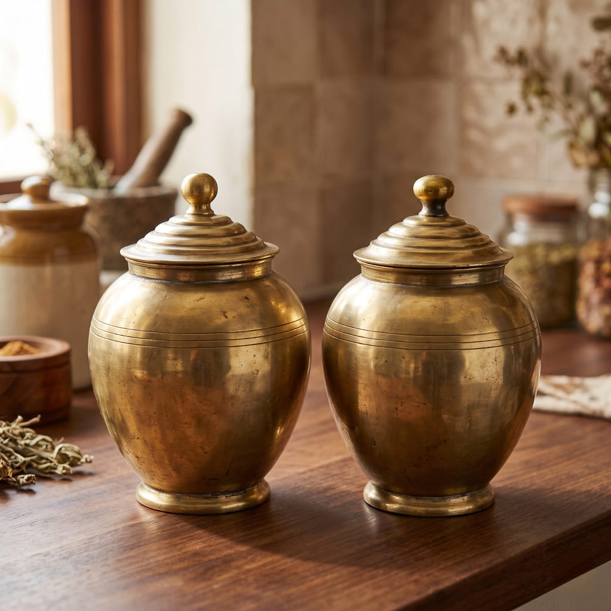Antique Brass Container Set in Pair | Traditional Lidded Storage Jars with Stepped Lids | Made in 1973