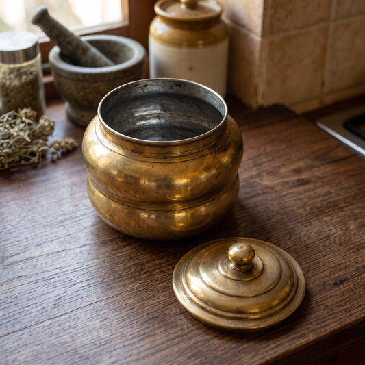 Antique Brass Small Container | Traditional Lidded Storage Jar | Made in 1976